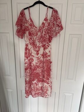 LOFT White Midi Dress with Red Floral Print